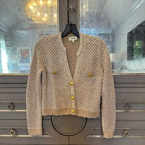 L'Agence Blanca Sequin Cardigan Beige/Gold Crochet Knit Size Extra Small